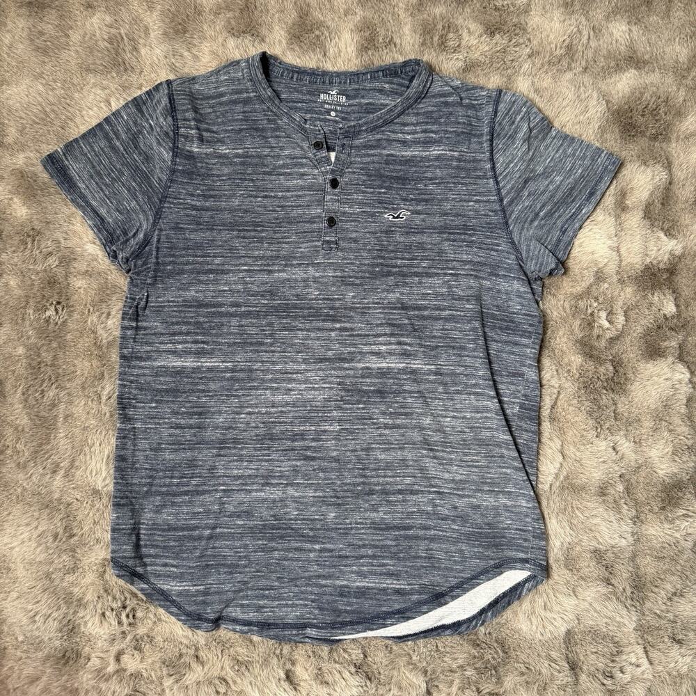 Hollister Henley T Shirt Tee Short Sleeve Mens Large Cotton Navy Blue Heather